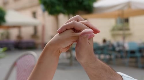 Close Up Love Couple Touching Hands Outdoors Unrecognizable Woman Man Tender Feelings Unity