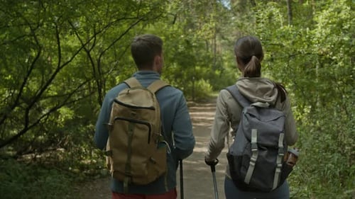 Two Young Hikers Walking in Sunny Forest with Large Backpacks and Trekking Poles