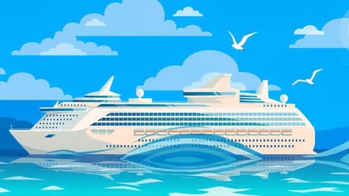Luxury Cruise Ship Sailing In Ocean with Flying Seagulls - Travel - Holiday Vacations - Voyage