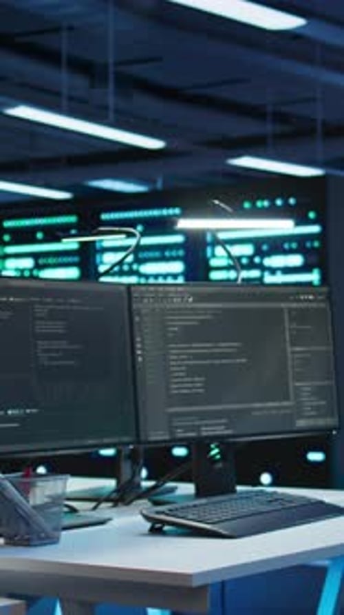 Vertical Video Panning Shot of PC Monitors in Data Center