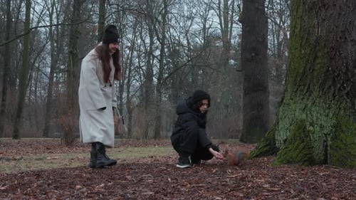 Fun family activity: a boy feeds a squirrel as his mother watches