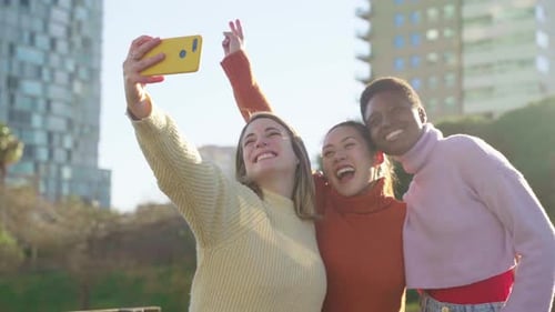 Cheerful Friends are Taking a Selfie Picture in a Park Enjoying the Fun Together