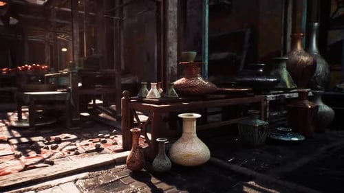 Old Market in a Small African Town Featuring Traditional Pottery and Crafts