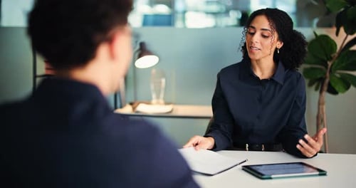 Happy woman, meeting or business interview with handshake for job opportunity