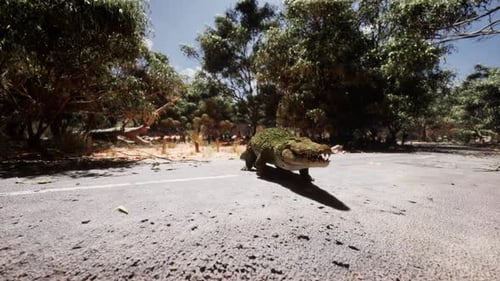 Crocodile traversant la route dans son habitat naturel en plein jour