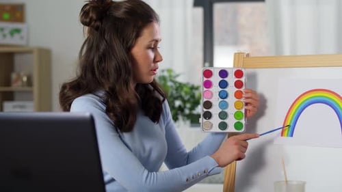 Distant Education, Primary School and Teaching Concept - Female Teacher with Laptop