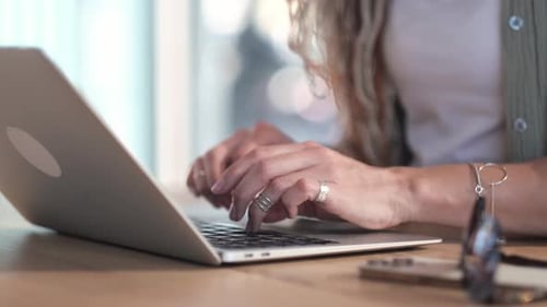 Hands Close Up Woman Working on Laptop Typing on Keyboard Freelancer Doing Work Remotely