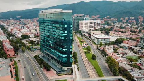 Aerial View of Modern Business District with Tram Lines and Roads in Usaquén - Bogotá, Colombia