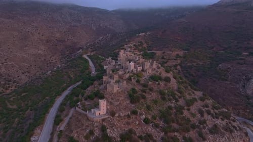 Aerial view of abandoned village at sunset, Greece.
