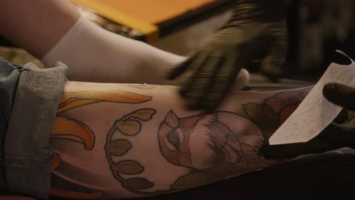 Hands of Tattoo Specialist Preparing Customers Skin before Tattooing Session
