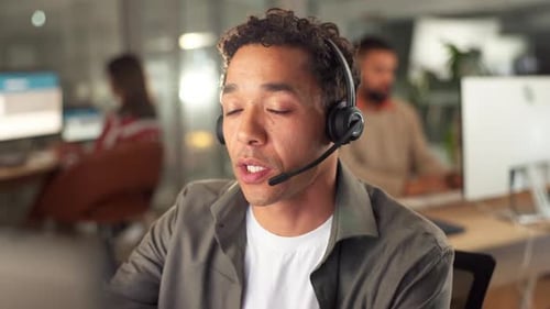 Customer support, discussion and man agent in office with crm service or inbound contact for help