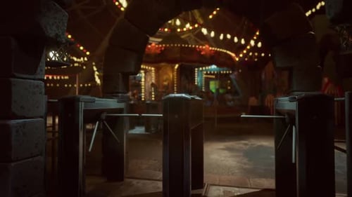 Empty Amusement Park at Night with Illuminated Attractions and Closed Gates