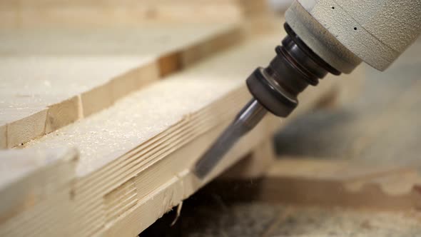 Automated Router Mills Channels in Wood Structure, Industrial Stock ...