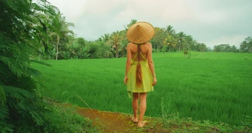Woman walking and enjoying rice paddy field during Bali travel tour