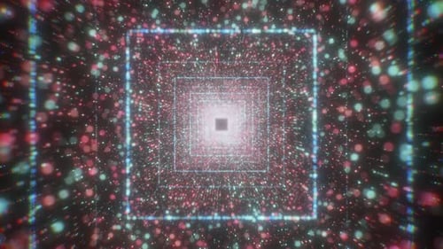 Tunnel numérique carré, points flottants flous, boucle transparente