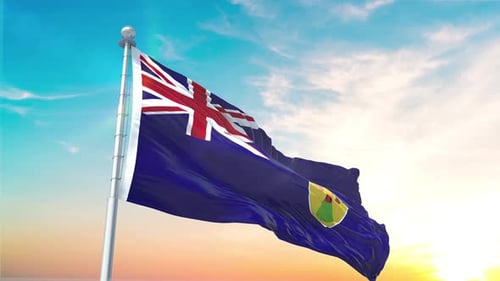Turks and Caicos Islands Flag Waving in Realistic 3D Sky
