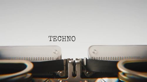 Old mechanical typewriter typing Technological Evolution in a close-up view.