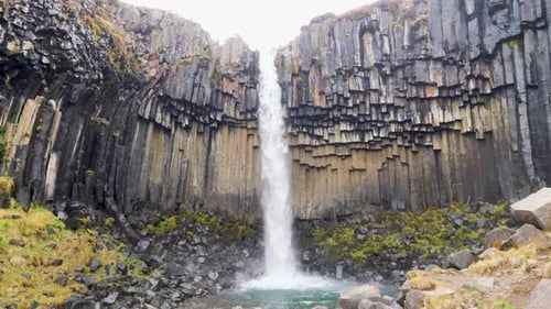 Svartifoss waterfall in Iceland cascading down black basalt columns, surrounded by rugged cliffs