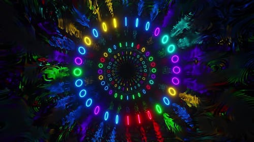 Reflective tunnel with many neon circles. Looped animation