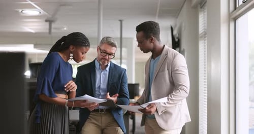 Coworkers Reviewing Documents in Modern Office