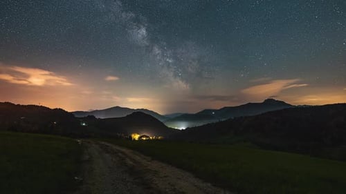 Beauty of Milky Way Galaxy in Starry Night Sky over Countryside Astronomy Time Lapse