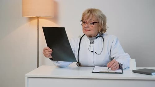Mature Woman Doctor Examining X-Ray at Desk