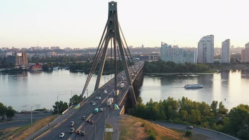 The Bridge Over the City River in the Evening or Morning