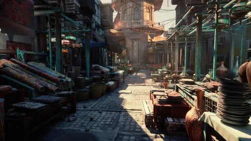 Sunkissed Cobblestone Street Filled with Lively Trade and Vibrant Displays