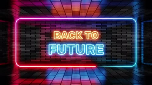 Panneau au néon retour vers le futur dans un cadre à bulles sur fond de mur de briques, rendu 3D. bannière lumineuse
