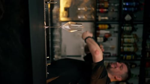 Bartender Shaking Cocktail Shaker in a Dark Bar