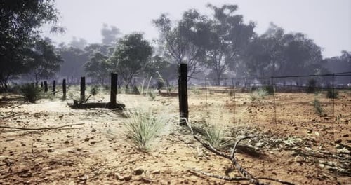Dusty Landscape with Barbed Wire Fence Under Hazy Sky in Remote Area