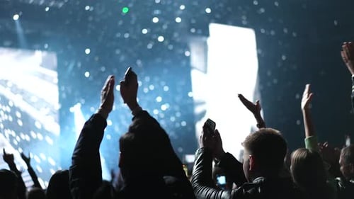 Excited Crowd Cheering at Concert with Lights