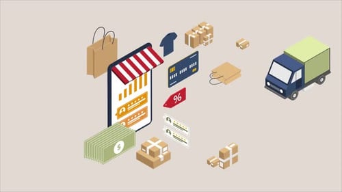 Isometric E-commerce Elements and Delivery Truck Animation