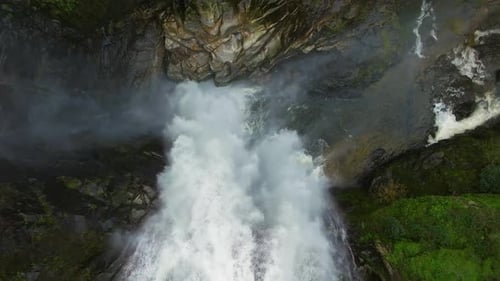 Overhead View Of Fervenza do Toxa Waterfalls Through Rocks In Forest In Pontevedra, Galicia Spain. A