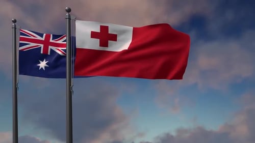 Tonga-Flagge weht zusammen mit der Nationalflagge Australiens - 2K
