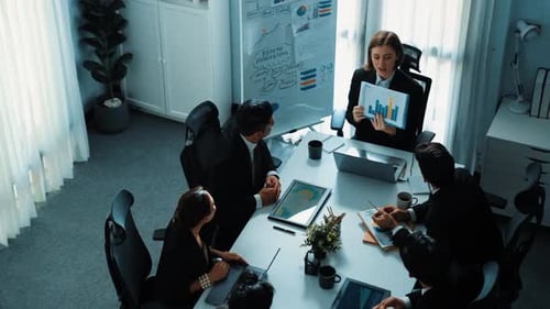 Top view of team clapping hand to celebrate for increasing sales. Directorate.