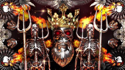 Ornate Metallic Skull King with Skeletons and Flames Loop