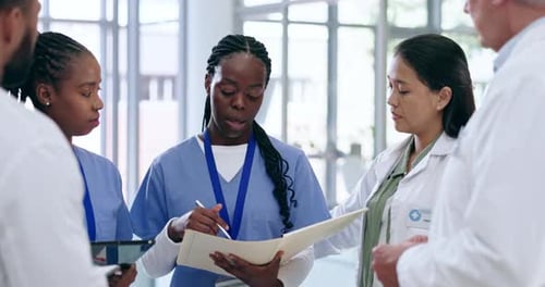 Teamwork, meeting and group of doctors in a hospital working on medical plan