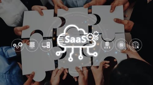 Collaborative Team Assembling Puzzle with Technology Graphic Overlay