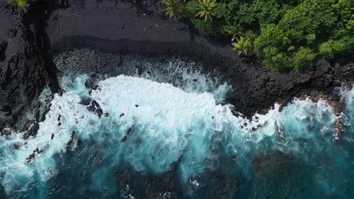 Powerful waves crash against rugged black sand beach and lush forest – aerial view