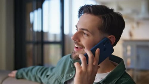 Man Hand Calling Cellphone at Cozy Studio Closeup Resting Guy Communicating