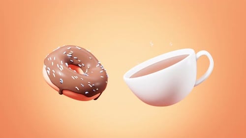 Sweet Chocolate Donut and Steaming Coffee Cup 3D Animation