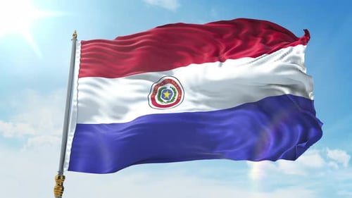 Realistic Flag of Paraguay Waving in Blue Sky
