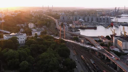 Aerial View of Odessa Sea Port Infrastructure and Evening Sunset