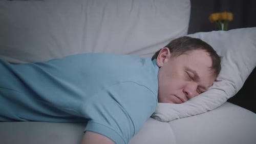 A Man Instantly Falls Asleep Lying on the Sofa Resting After a Hard Day