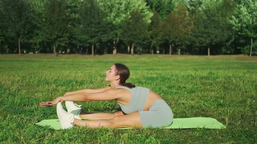 Beautiful sports girl in is engaged in stretching on a sports mat in a city park. Yoga in a sunny me