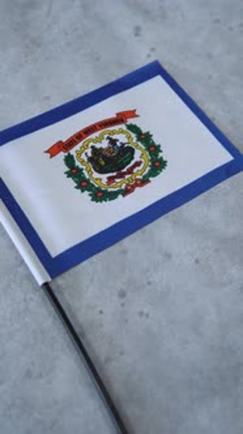 West Virginia state flag on grey surface