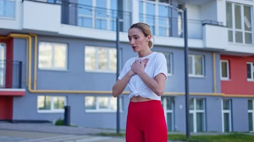 Unhappy Woman Feeling Breathing Problems During Break After Exercising Process