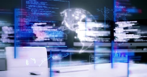 Programming, coding and 3D dashboard at night of computer software, globe or application at office