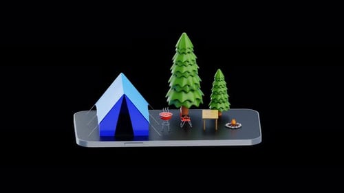 Animación 3D de la escena del campamento en un dispositivo móvil